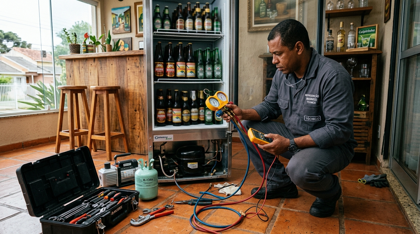 Profissional executando reparo no motor de cervejeira em Maceió‑AL