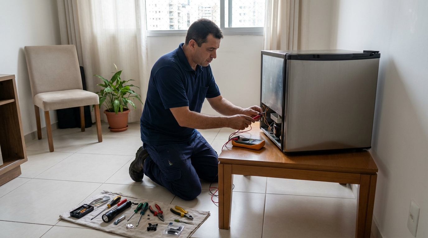 Técnico fazendo manutenção do motor de frigobar em Maceió‑AL